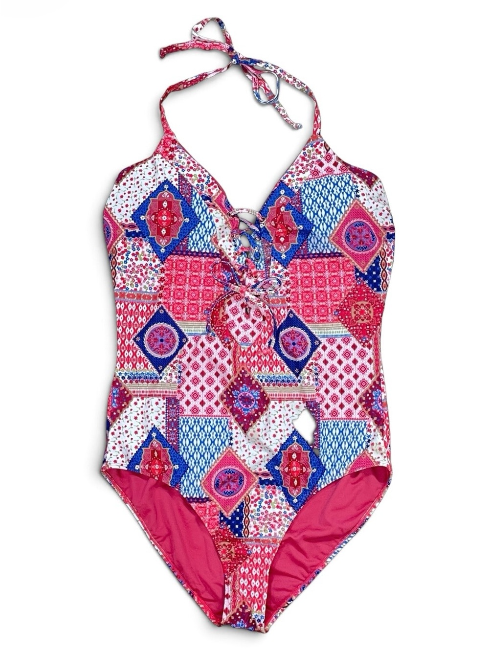 YMI One Piece Patchwork Swimsuit 1X Deadstock Vintage Lace Up Halter Swimwear